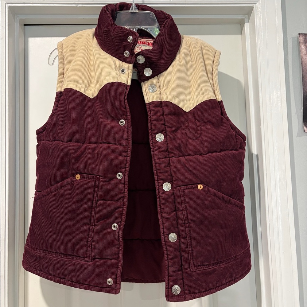 Burgundy & Cream True Religion Corduroy Vest